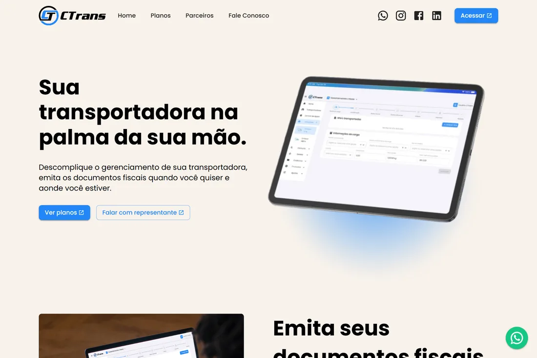Interface do CTrans — plataforma fiscal para transportadoras