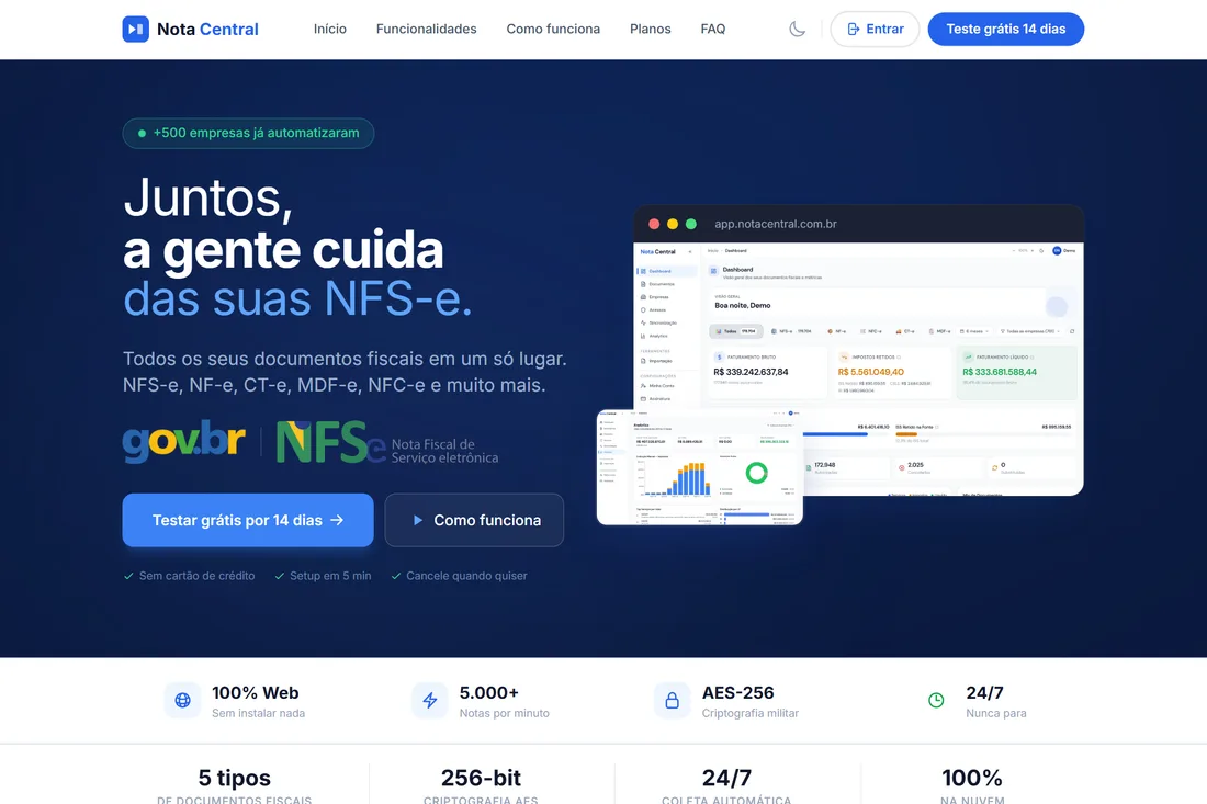 Interface do Nota Central — gestão automática de documentos fiscais